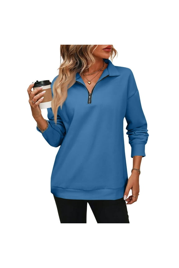 Women's Casual Oversized Quarter Zip Sweatshirts Long Sleeve Solid Color Fall Fashion Pullover Jackets with Pockets Royal Blue L