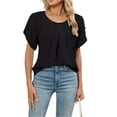 thumbnail image 1 of Stichou Women's Casual Tops 2026 Round Neck Basic Pleated Short Sleeve Loose Fit Curved Back Chiffon Blouses Tshirts Black L, 1 of 7