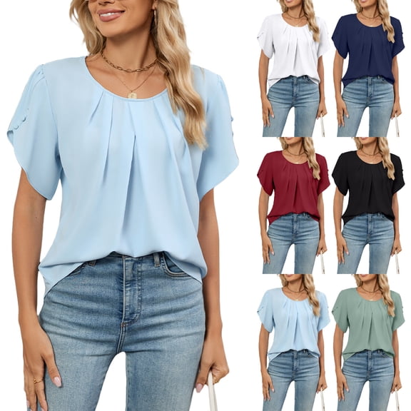Stichou Women's Casual Tops 2026 Round Neck Basic Pleated Short Sleeve Loose Fit Curved Back Chiffon Blouses Tshirts Light Blue L