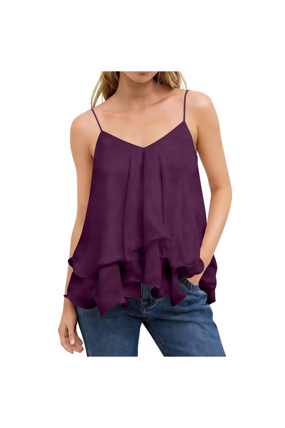 Women's Chiffon Double Layer Ruffled Spaghetti Strap Summer Spring Cami Top Sleeveless Flowy Blouse Purple 2XL