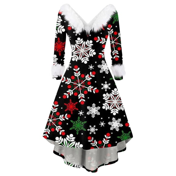 Stichou Women's Christmas Dresses 2025 Funny Snowflakes Graphic Vintage Dress V Neck Party Plush Collar Winter Dress Trendy Long Sleeve Evening Dresses Navy 2XL
