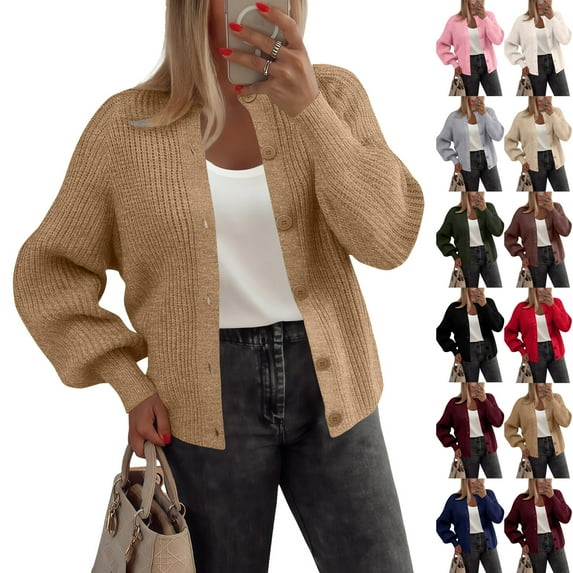 Stichou Women's Chunky Knit Open Front Sweater Long Sleeve Button Down Loose Casual Oversized Cardigan Outerwear Khaki XL