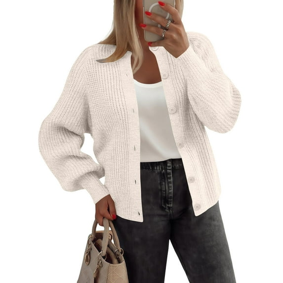 Stichou Women's Chunky Knit Open Front Sweater Long Sleeve Button Down Loose Casual Oversized Cardigan Outerwear White XL