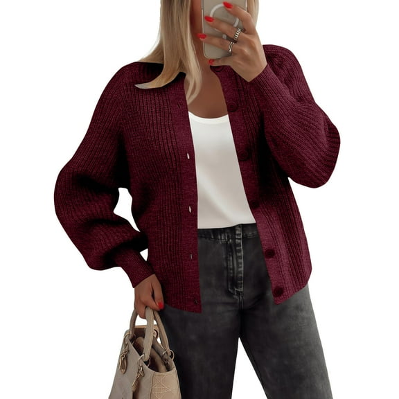 Stichou Women's Chunky Open Front Cardigan Sweater Long Sleeve Button Knit Short Loose Cardigan Outerwear Deep Red M