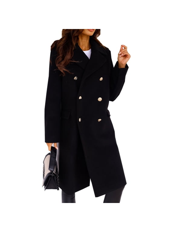 Women's Classic Long Sleeved Jacket Lapel Collar Coats Solid Color Wrap Coats With Pockets Black M