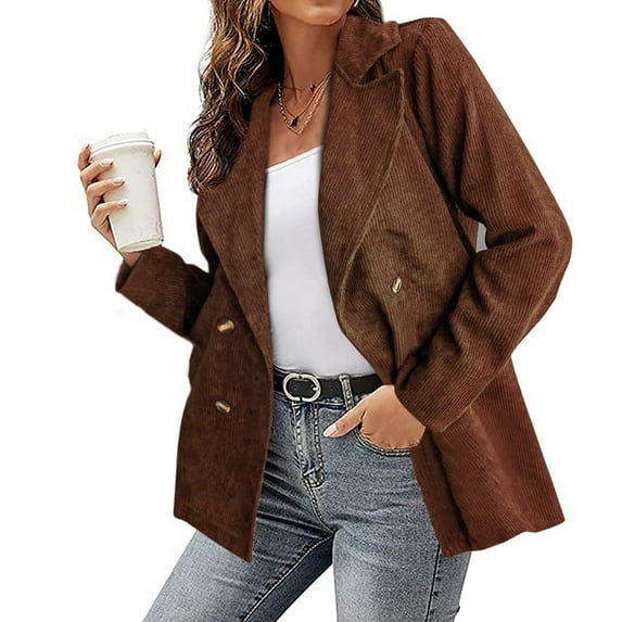 Stichou Women's Corduroy Blazer with Lapel Collar, Vintage Office Style, Button-Front Suit Jacket Coffee M