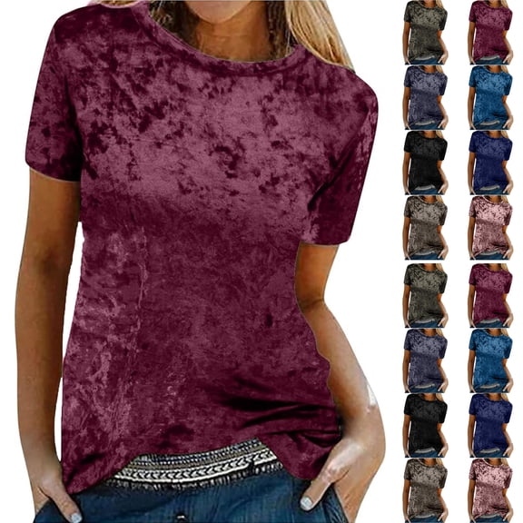 Stichou Women's Crew Neck Tops Solid Short Sleeve Velvet T Shirt Casual Spring Summer Blouse Party Clubwear Blouse 2026 Wine S