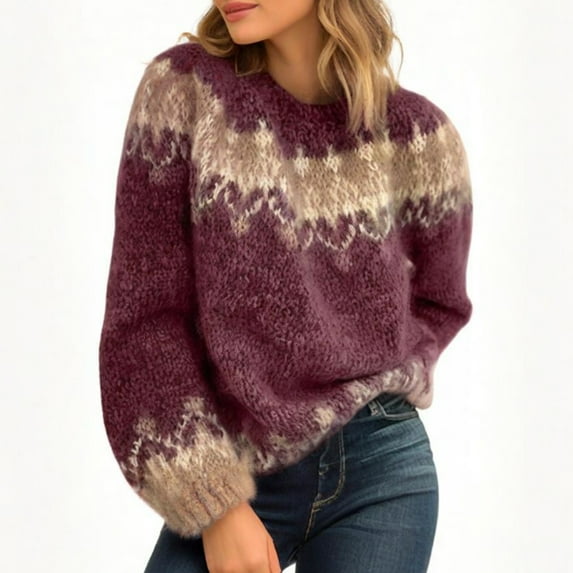Stichou Women's Crewneck Fair Isle Knit Sweater Vintage Boho Aztec Print Oversized Pullover Top Knitwear Wine S