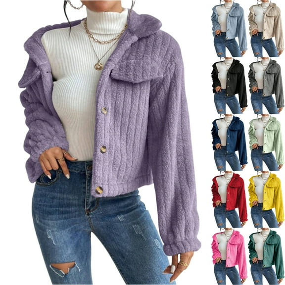 Stichou Women's Cropped Faux Fur Jacket with Hidden Pockets and Buttons Plush Shawl Collar Cardigan Fall Winter Coat Light Purple S