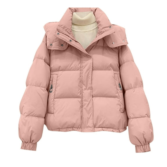 Stichou Women's Cropped Puffer Jacket Coats Winter Zip Up Long Sleeve Short Warm Padded Jacket Outerwear Pink L