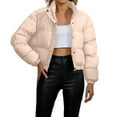 thumbnail image 1 of Stichou Women's Cropped Puffer Jacket Long Sleeve Puffy Coat Stand Collar Zip UP Quilted Padded Drawstring Outwear with Pockets Khaki M, 1 of 6