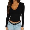 thumbnail image 1 of Stichou Women's Deep V Neck T Shirts Long Sleeve Casual Going Out Cropped Tops Slim Fitted Y2K Summer Spring Outfits Black L, 1 of 7
