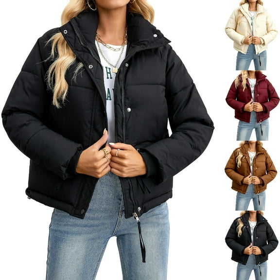 Stichou Women's Down Jacket Lightweight Long Sleeve Water-Resistant Down Coat with Stand Collar for Winter Black XL