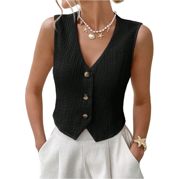 Stichou Women's Elegant Button Down Sleeveless Blouse Wrap V Neck Work Business 2026 Spring Summer Shirts Black XL