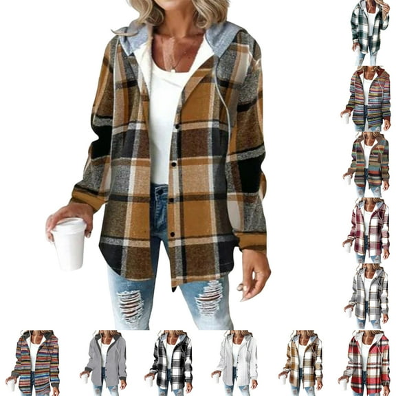 Stichou Women's Fall Color Block Plaid Flannel Shacket Jacket Button Down Shirt Coat Tops Coffee S