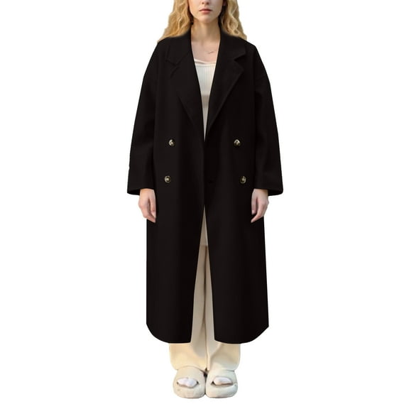Stichou Women's Fall Long Wool Pea Coat,Double Sided Blended Classy Breasted Trench Coats Jacket,Length Winter Dress Overcoat Black 2XL