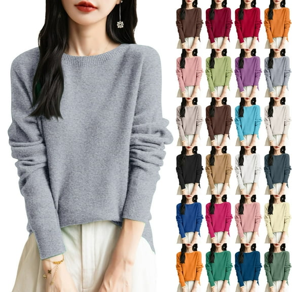 Stichou Women's Fall Sweater Crew Neck Long Sleeve Loose Fit Merino Wool Knitted Pullover Autumn Winter Basic Warm Tops Gray M