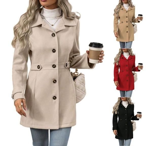Stichou Women's Fall Winter Classic Outwear Overcoat with Pockets Button Single Breasted Pea Coat Beige XL