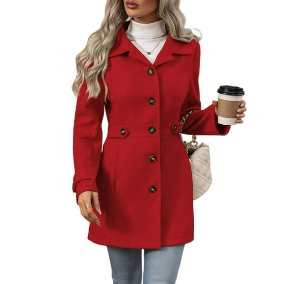 Stichou Women's Fall Winter Classic Outwear Overcoat with Pockets Button Single Breasted Pea Coat Red M