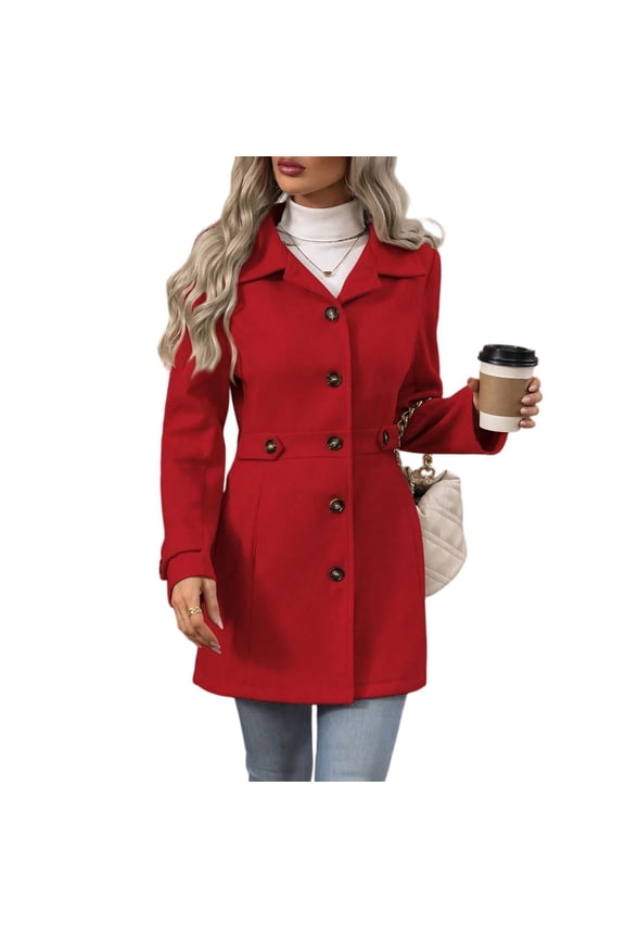 Women's Fall Winter Classic Outwear Overcoat with Pockets Button Single Breasted Pea Coat Red M