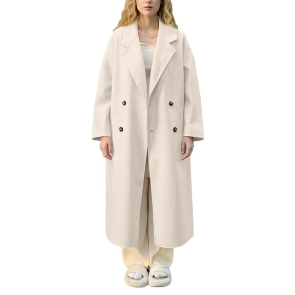 Stichou Women's Fall Winter Long Wool Pea Coat,Double Sided Blended Classy Breasted Trench Coats Jacket,Length Winter Dress Overcoat Beige 2XL