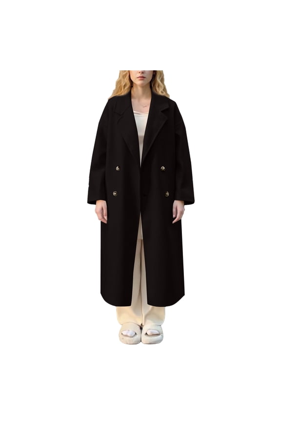 Women's Fall Winter Long Wool Pea Coat,Double Sided Blended Classy Breasted Trench Coats Jacket,Length Winter Dress Overcoat Black M