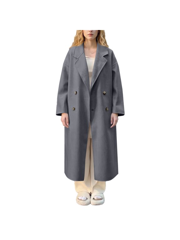 Women's Fall Winter Long Wool Pea Coat,Double Sided Blended Classy Breasted Trench Coats Jacket,Length Winter Dress Overcoat Gray L