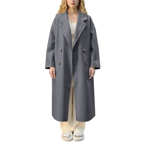 Stichou Women's Fall Winter Long Wool Pea Coat,Double Sided Blended Classy Breasted Trench Coats Jacket,Length Winter Dress Overcoat Gray M