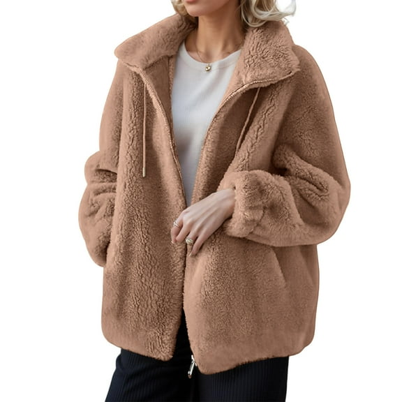 Stichou Women's Fashion Plush Coats Winter Warm Cardigan Coat Standing Collar Zip Up Fleece Tops Sweater Jacket Light Brown M