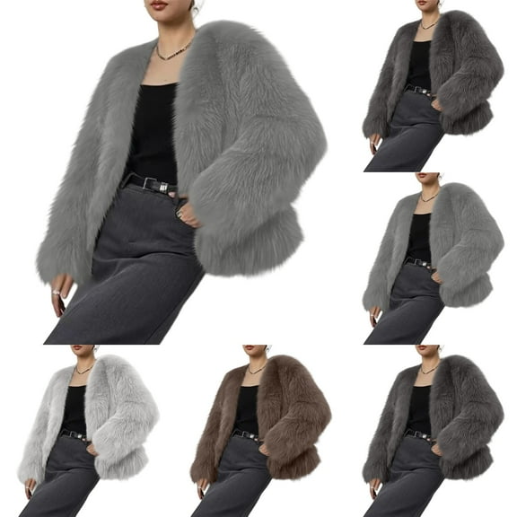 Stichou Women's Faux Fur Coat Long Sleeve Fleece Cropped Jacket Open Front Shaggy Warm Short Fall Winter Outerwear Gray XL