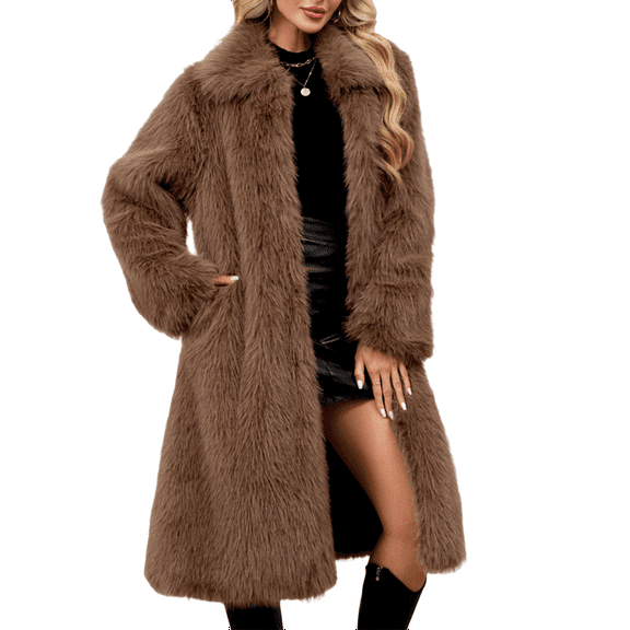 Stichou Women's Faux Fur Jackets & Coats Long Fall Winter Fluffy Open Front Luxury Jacket Turn-Down Collar Warm Overcoat Brown 2XL