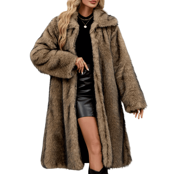 Stichou Women's Faux Fur Jackets & Coats Long Fall Winter Fluffy Open Front Luxury Jacket Turn-Down Collar Warm Overcoat Camel 2XL