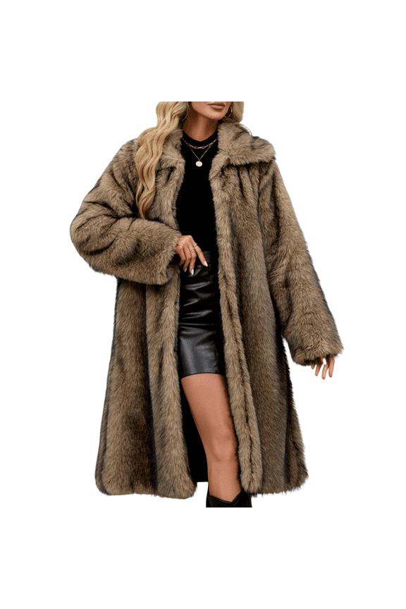 Women's Faux Fur Jackets & Coats Long Fall Winter Fluffy Open Front Luxury Jacket Turn-Down Collar Warm Overcoat Camel 2XL