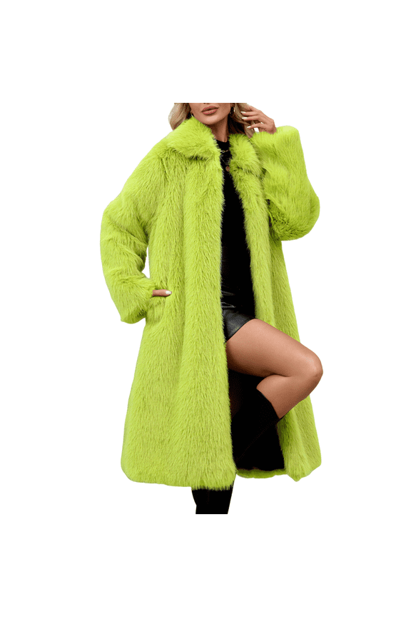 Women's Faux Fur Jackets & Coats Long Fall Winter Fluffy Open Front Luxury Jacket Turn-Down Collar Warm Overcoat Fluorescent Green 2XL