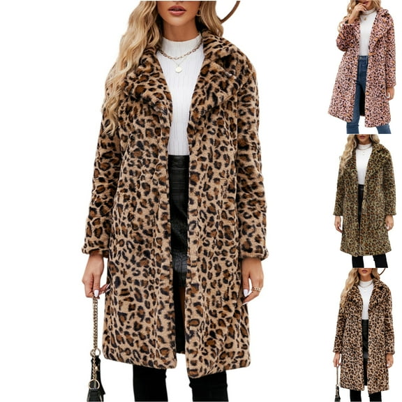 Stichou Women's Faux Fur Long leopard Coat Teddy Fuzzy Fleece Open Front Cardigan Elegant Lapel Collar Long Sleeve Longline Loose Jacket Brown 2XL