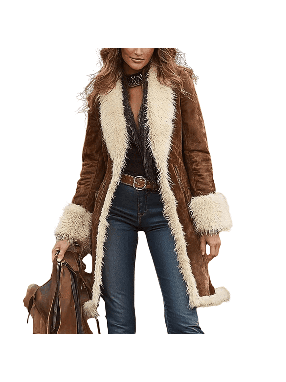 Women's Faux Suede Long Western Retro Jacket Fuzzy Fleece Lapel Open Front Long Cardigan Vintage Western Jackets Warm Winter Overcoat Camel L