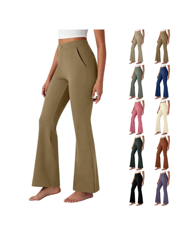 Women's Flare Leggings Crossover High Waisted Bootcut Yoga Pants Tummy Control Bell Bottom Leggings with Pockets Light Brown S