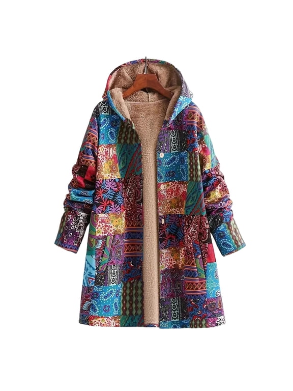 Women's Fleece Button Jacket Warm Snow Fleece Winter Jacket With Hood Insulated Block Pattern Coat Pockets Blue XL