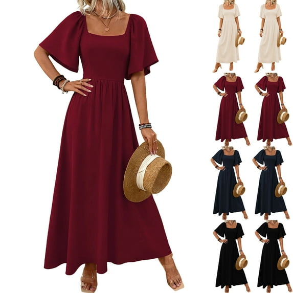 Stichou Women's Flutter Sleeves Bridesmaid Dresses 2026 Square Neck Elegant Pleated Formal Evening Party Gowns Wine 2XL