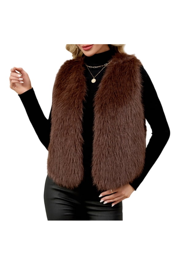 Women's Fuzzy Faux Fur Sleeveless Vest Teddy Coats Open Front Plush Waistcoat Outerwear Khaki XL