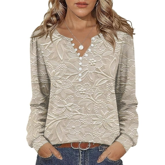 Stichou Women's Henley Shirts Long Sleeve Casual Floral Graphic Tops Comfy Button Blouse Winter Trendy T-Shirts Beige XL