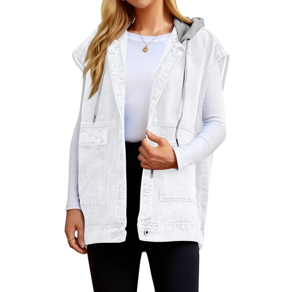 Stichou Women's Hooded Denim Vest, Oversized Casual Jean Jacket, Sleeveless Mid Long Button Down Denim Waistcoat White S