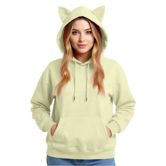 Stichou Women's Hoodie New Cat Ear Fleece Couple Solid Color Hooded Ladies Hoodie For Ladies Men's Lightweight Clothes Beige XL
