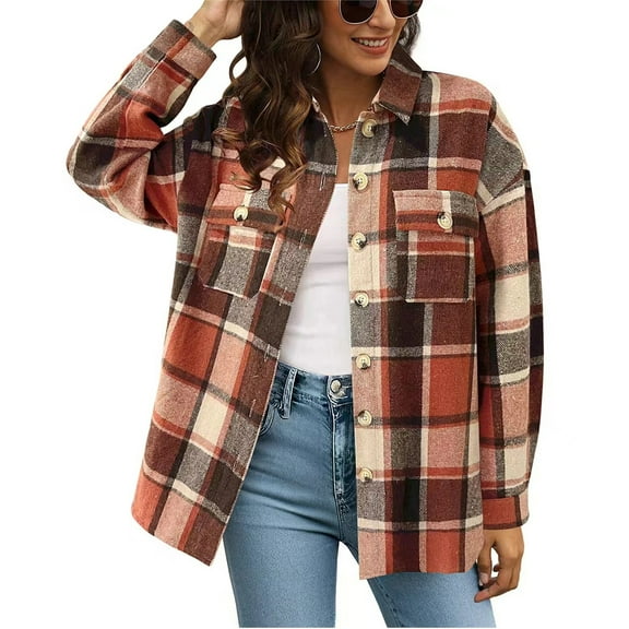 Stichou Women's Jacket Plaid Shacket Lapel Button Down Long Sleeve Shirt Plaid Casual Tops Red L