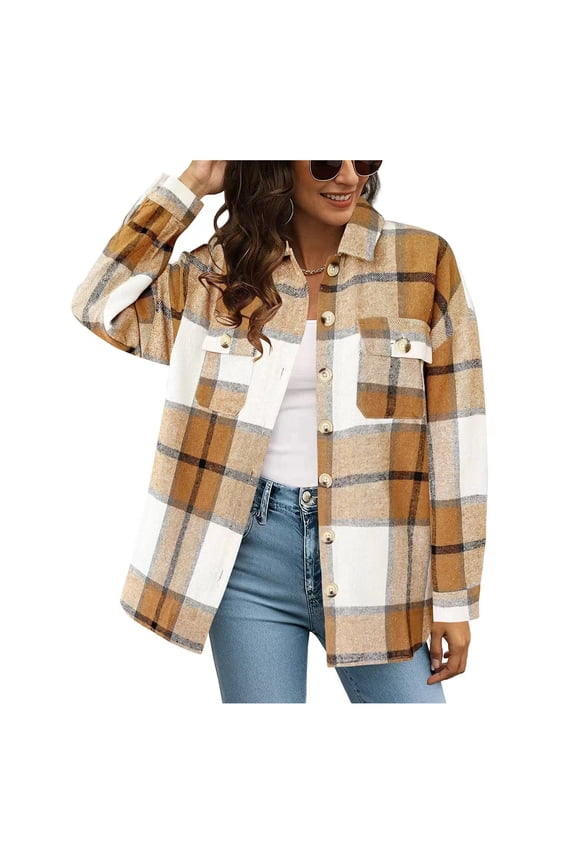 Women's Jacket Plaid Shacket Lapel Button Down Long Sleeve Shirt Plaid Casual Tops Yellow S