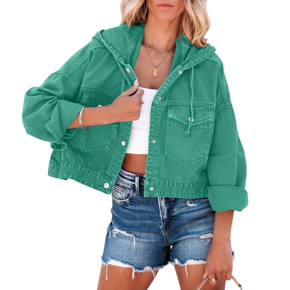 Stichou Women's Jean Jacket Cropped Distressed Hooded Denim Jacket Long Sleeve Button Down Jean Jacket For Women Green S