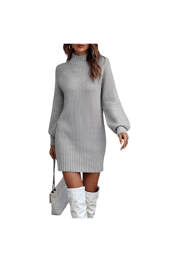 Women's Knitted Dresses Long Sleeve Casual Pleated Plain Dress Turtleneck Fall Winter Trendy Sweater Dresses Gray M
