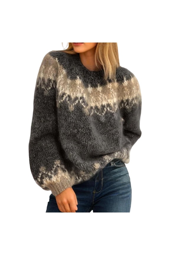 Women's Knitted Fair Isle Print Retro Sweater Casual Loose Crewneck Long Sleeve Lightweight Cropped Pullover Tops 2025 Black L