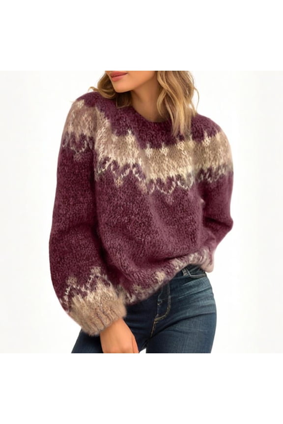 Women's Knitted Fair Isle Print Retro Sweater Casual Loose Crewneck Long Sleeve Lightweight Cropped Pullover Tops 2025 Wine L