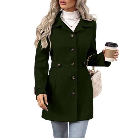 Stichou Women's Lapel Collar Wool Blend Coat Single Breasted Belted Mid Length Trench Coat for Fall Winter Army Green XL